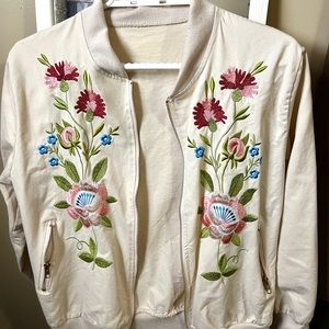 light pink bomber jacket w/ embroidered flowers